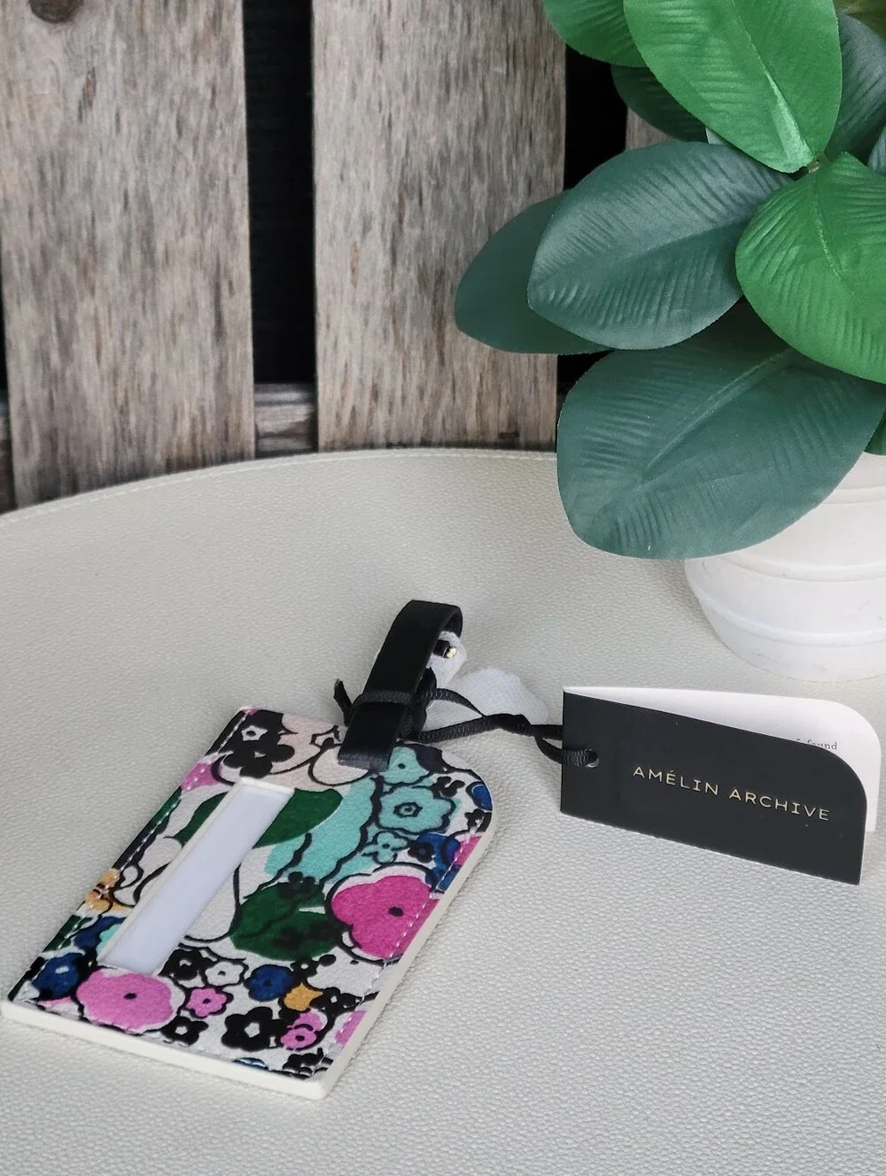 Amelin Archive Floral Printed Leather Luggage Tag with Black Strap- Pink & Green - Picture 2 of 5